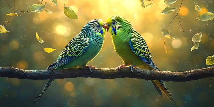 Two parakeets kissing on a branch in a sunny forest