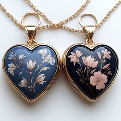 Elegant heart-shaped pendants with floral designs, showcased on a delicate gold chain, perfect for gifts
