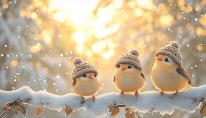 Three cheerful birds wearing cozy knitted hats on a snowy branch, with a picturesque winter backdrop of snow-covered trees and a clear blue sky