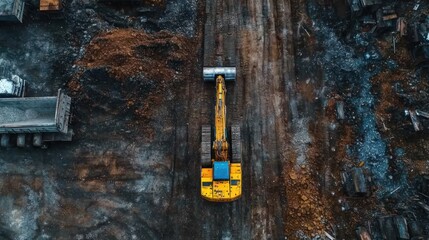 Aerial view of excavator digging at construction site.