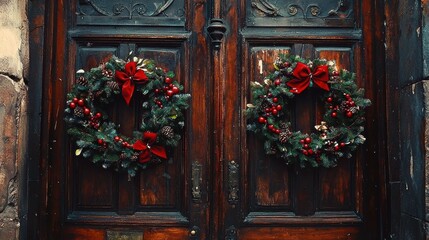 Beautifully crafted wreaths enhance the charm of wooden entryways. 