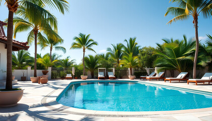 Luxury resort pool with palm trees and clear blue water by the beach, perfect for a tropical summer vacation
