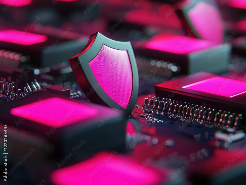 Poster a close-up view of a circuit board featuring a stylized shield, emphasizing themes of technology and