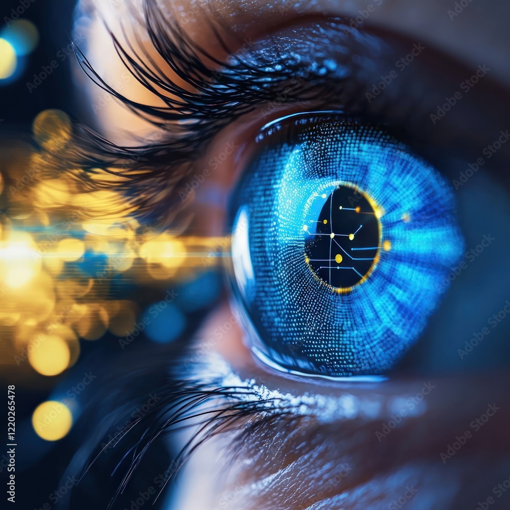 Poster a close-up of an eye with a high-tech, digital interface reflected in the iris, showcasing a blend o