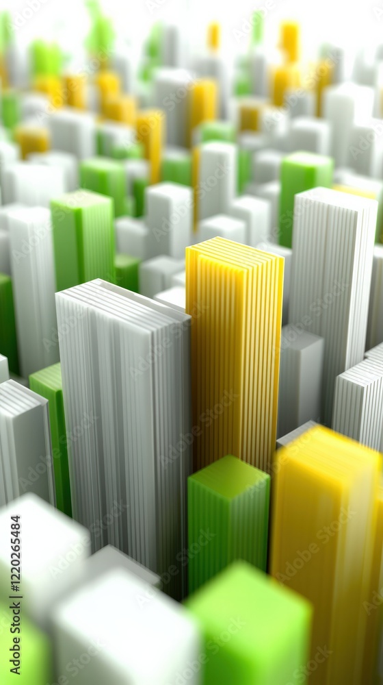 Poster abstract representation of a cityscape with tall rectangular structures in varying colors, suggestin