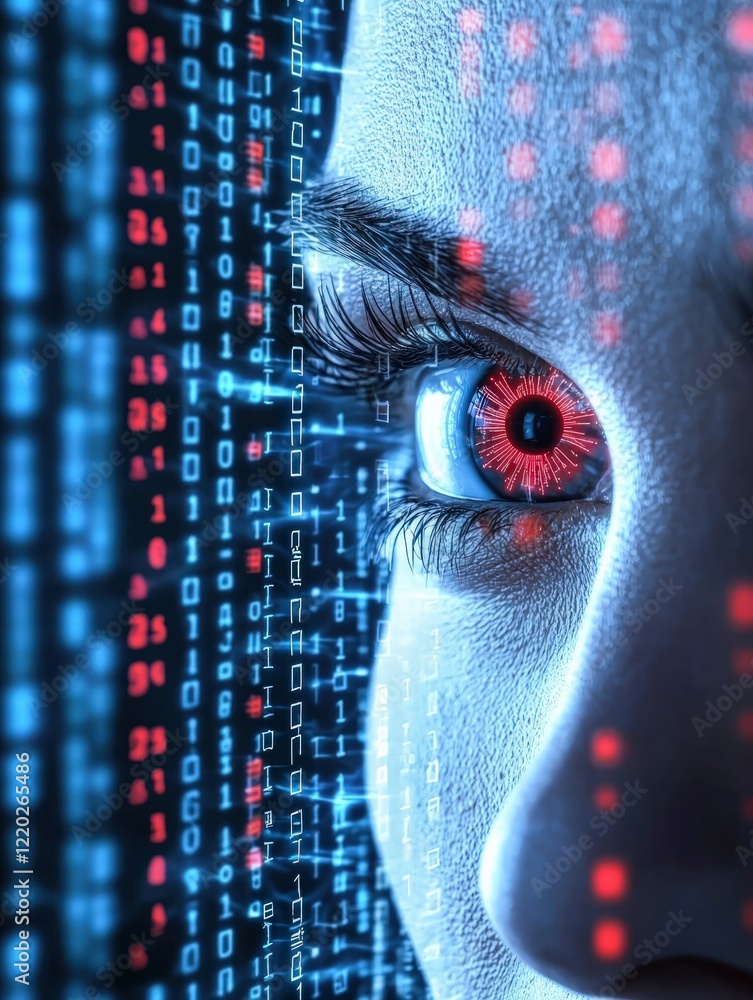 Poster a close-up of a woman's eye with a red hue, surrounded by streams of binary code, symbolizing the in