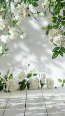 Soft White Roses and Green Leaves Against Subtle Background