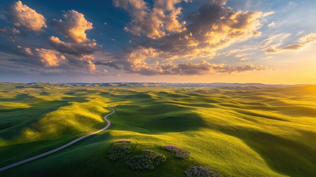 Rolling green prairies with a few patches of wildflowers, cumulus clouds drifting across a vibrant sky, shadows moving over the landscape, and a winding road leading toward distant hills.