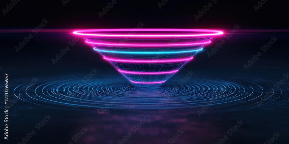 Poster a vibrant, glowing funnel shape with concentric circles, illuminated in pink and blue hues, creating