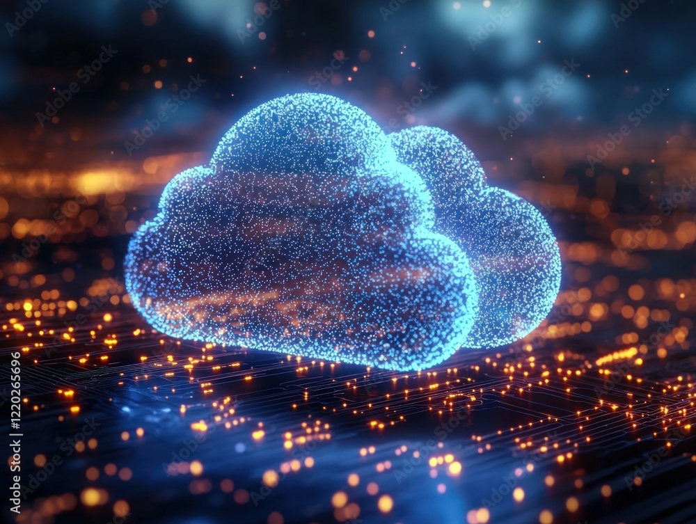 Poster a digital illustration of glowing clouds, symbolizing cloud computing and data storage, set against 