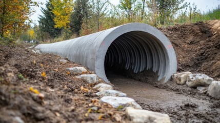 Obraz premium Large concrete culvert pipe installed outdoors in nature.