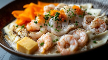 Sashimi hot pot, with large shrimp and small shrimps as the main ingredients, alongside several pieces of white fish showcasing their texture and color.