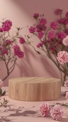 Obraz premium Wooden Display Stand Surrounded by Pink Flowers on Soft Pink Background