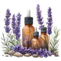 Three amber glass bottles surrounded by lavender flowers and stones, showcasing natural beauty and tranquility