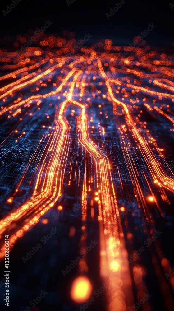 Poster a visually striking image of glowing lines resembling a digital network or circuit, with vibrant ora