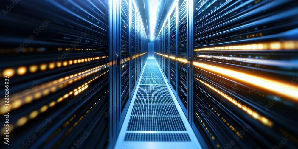 Poster a futuristic server room with illuminated racks, highlighting technology and data management in a sl