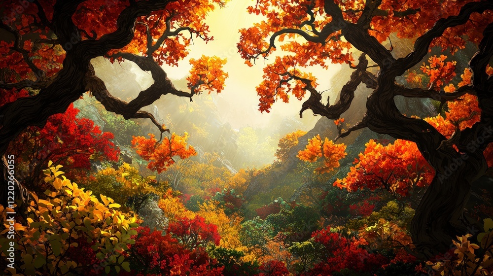 Poster a vibrant autumn forest scene with colorful foliage, illuminated by soft light, creating a warm and 