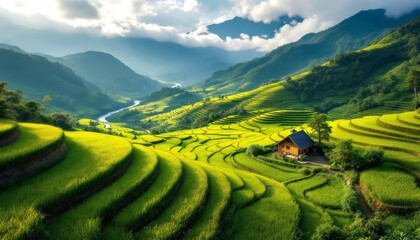 Fototapeta premium Mountain Valley Rice Terraces House View