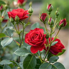 Naklejka premium red roses with buds and green leaves