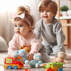 Fototapeta premium brothers and sisters playing together with toys, sibling