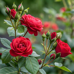 Fototapeta premium red roses with buds and green leaves
