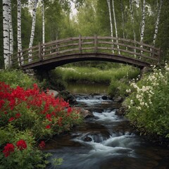 Fototapeta premium A small bridge over a stream in a park, surrounded by red flowers and white birches.