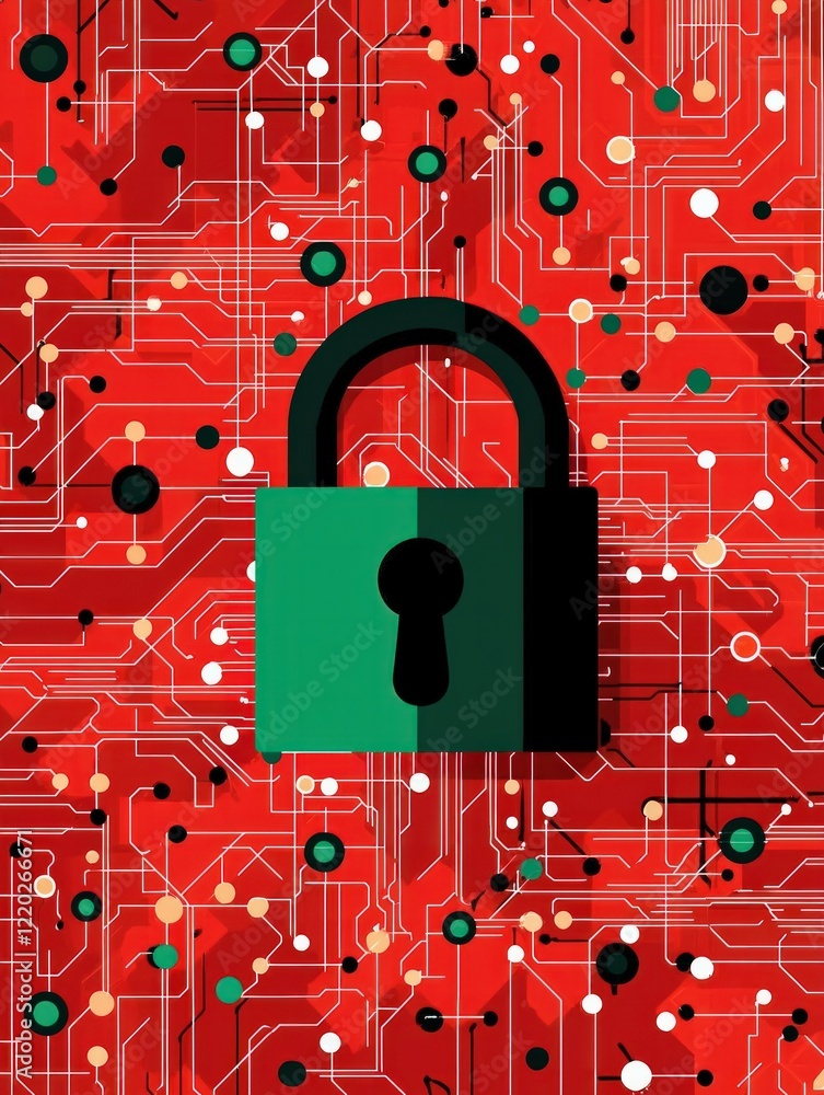 Poster a digital padlock is centered against a vibrant red circuit board background, symbolizing cybersecur