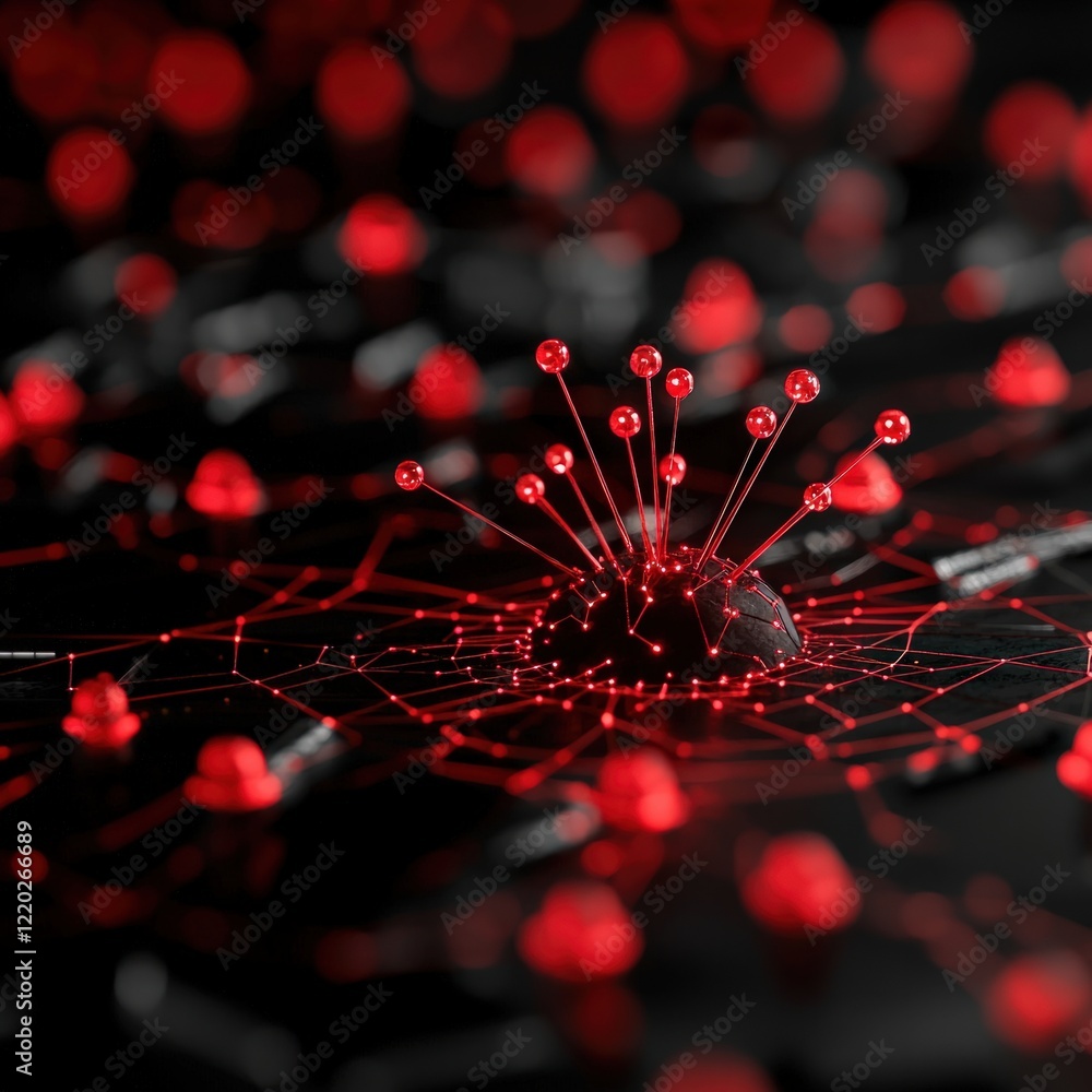 Poster a striking close-up of a dark, abstract structure, featuring vibrant red elements resembling a netwo