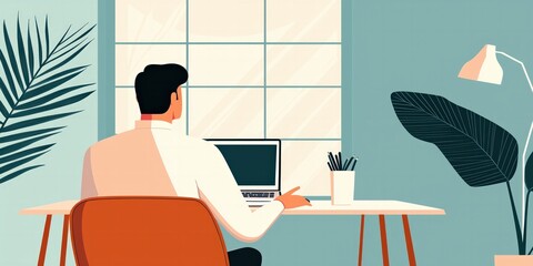 Fototapeta premium A professional man sitting at a desk with a laptop, surrounded by plants and a bright window, creating a serene workspace atmosphere.