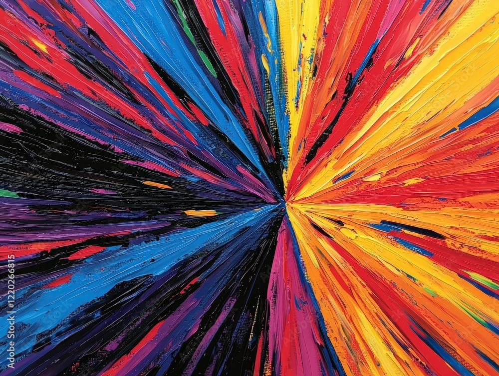 Poster a vibrant abstract artwork featuring dynamic rays of color radiating from a central point, creating 
