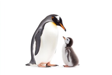 A gentle interaction between a parent penguin and its fluffy chick on a clean white background