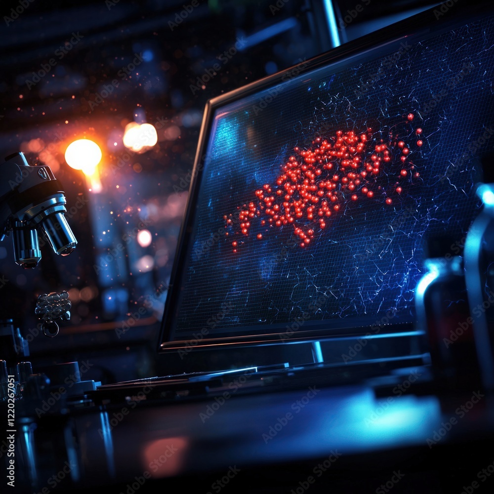 Poster a dark, high-tech laboratory scene featuring a glowing monitor displaying a vibrant map of red parti