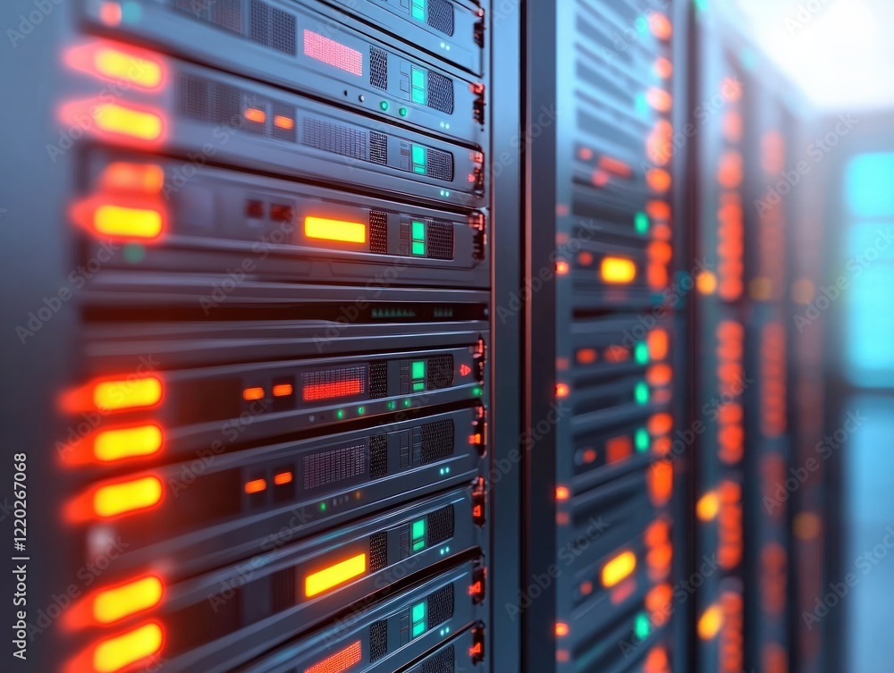 Poster a close-up view of a server rack with illuminated lights indicating activity, showcasing modern data