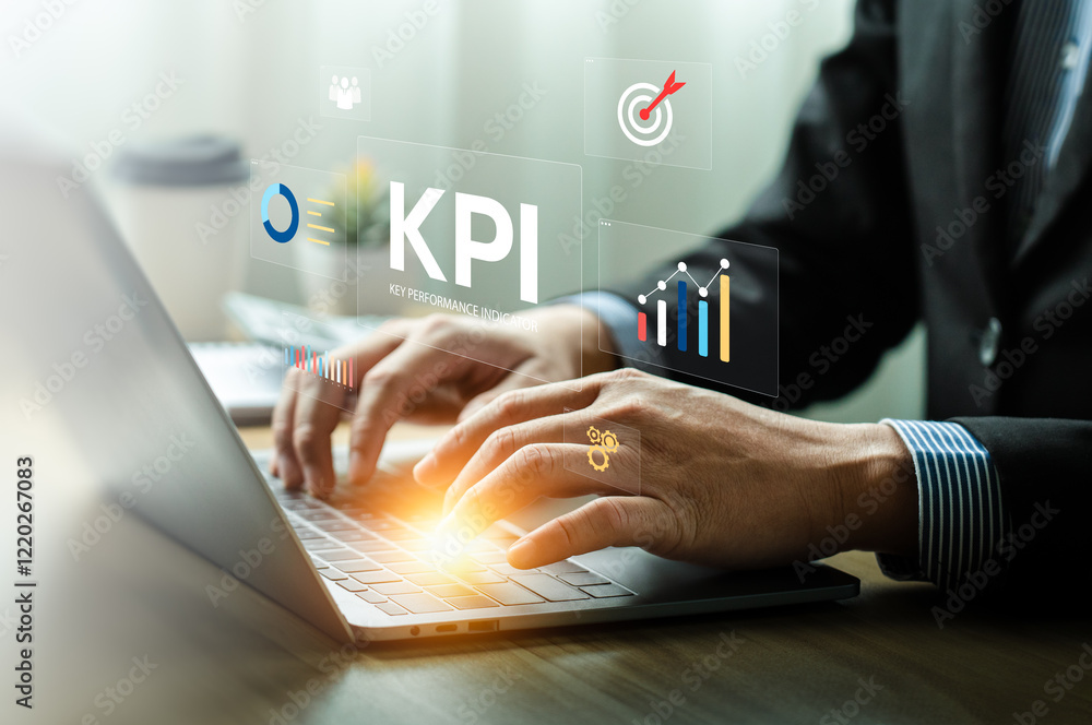 Poster businessman analyzing key performance indicators (kpi) with interactive data visualization on laptop
