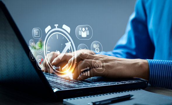 Businessman Managing Time Effectively with Digital Productivity Tools and Data Analytics on Laptop, Featuring Icons Representing Deadlines, Goals, Collaboration, and Workflow Optimization