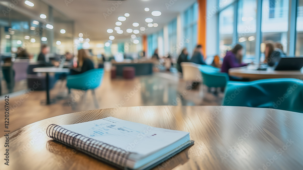 Poster modern office space with notebook: a spiral-bound notebook rests on a light wood table in a bustling