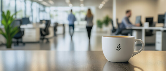 Coffee Break in Modern Office: A close-up shot of a steaming cup of coffee on a desk in a modern office setting, with blurred figures of colleagues working in the background.