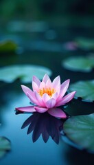 Delicate water lilies float on a peaceful pond with shades of blue purple green, abstract, blue