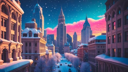 Fototapeta premium a richly detailed and hyper-realistic photograph of a snow-encrusted cityscape in the warm, golden light of a winter evening, with towering skyscrapers, intricate archways, and bustling streets, set a