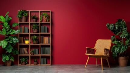 Fototapeta premium Modern Home Office Interior Bookshelf Plants Chair Red Wall