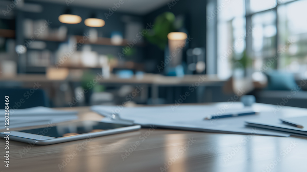 Poster modern workspace blur: a stylish and subtly blurred image showcasing a contemporary workspace with a