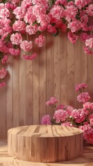 Fototapeta premium Elegant floral backdrop with wooden platform and pink flowers