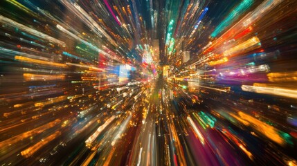 Naklejka premium City lights zoom, night cityscape, energy, motion blur, urban background, website header