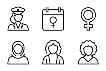 International Women's Day Icon Set - Minimalist Black Line Vector Icons for Equality and Diversity Themes