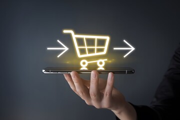 Futuristic Digital Cart Icon for E-Commerce and Online Shopping, Hands Interacting with Virtual Shopping Cart on Mobile Device