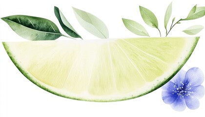 Vibrant illustration of a lime slice adorned with green leaves and a delicate blue flower, symbolizing freshness