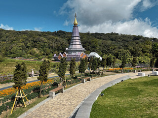 The Majestic Peaks Pagoda of Doi Inthanon National Park in Autumn, Mae Hong Son Loop, Northern Thailand