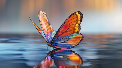 A vibrant wooden butterfly with multicolored wings, isolated on a reflective glass surface.