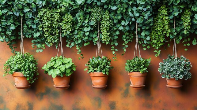 Five terracotta hanging potted plants with various greenery against a rustic orange wall. - Powered by Adobe