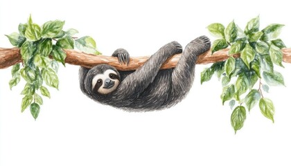 A charming sloth hanging upside down from a tree branch, surrounded by lush green leaves in a serene setting